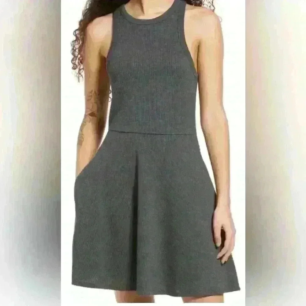 BP ribbed racerback fit and flare minidress gray charcoal pockets Women's Medium